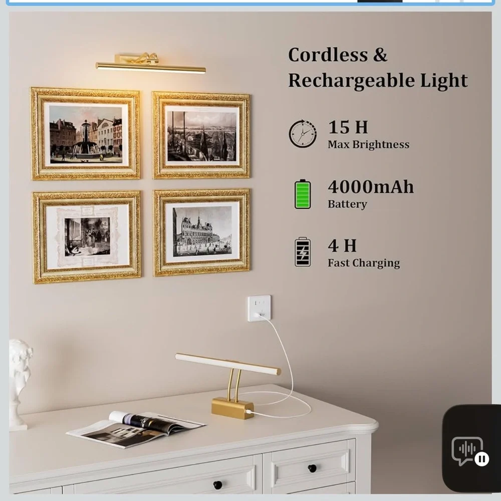 Battery operated picture light for wall 4000mah cordless wall lamp for painting